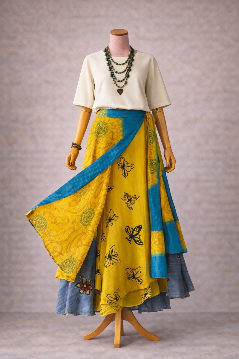 Sarı Mavi Kelebek Desenli – Çift Taraflı İpek Etek