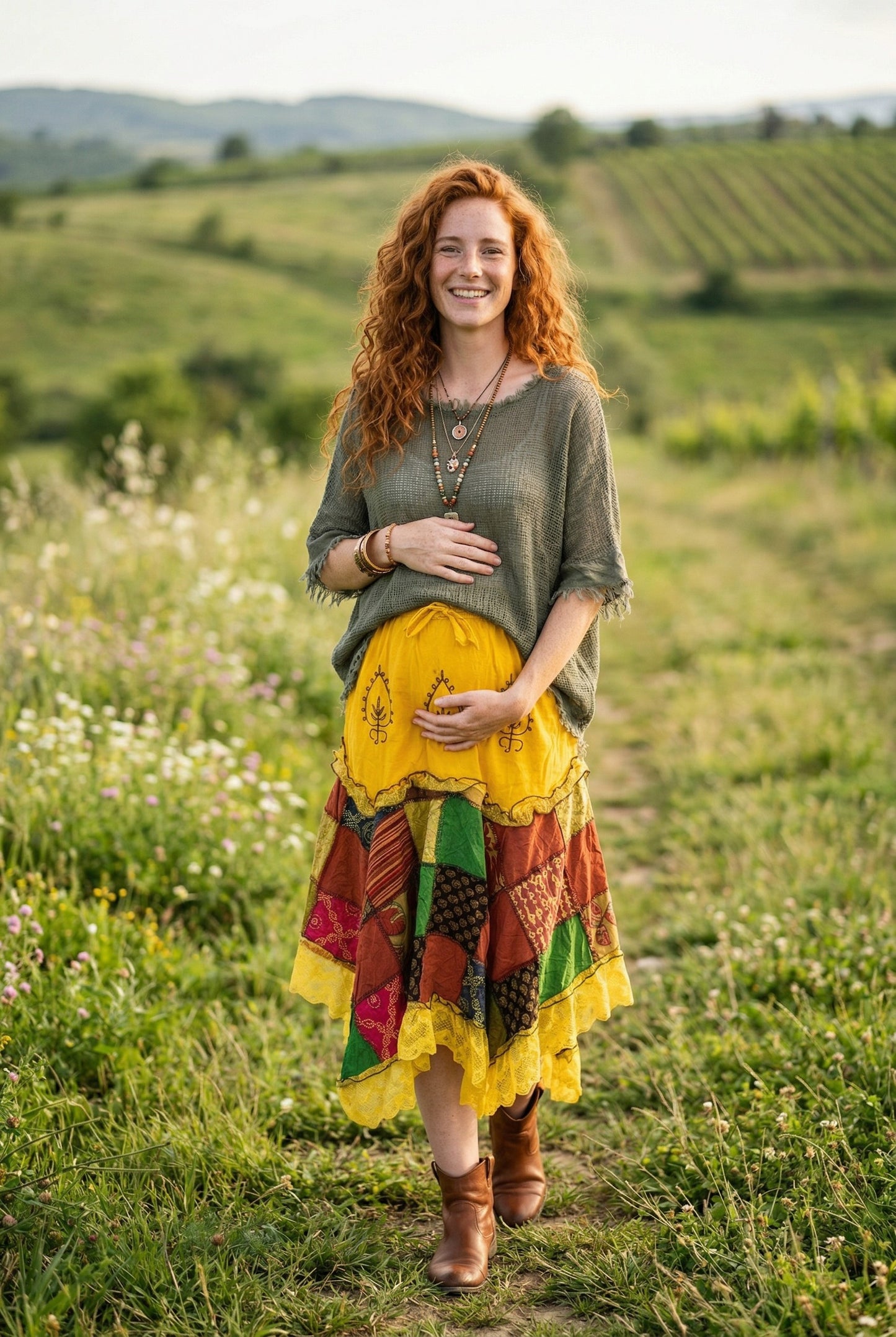 Nepal Patchwork Asimetrik Bohem Etek – %100 Pamuk, – Sarı