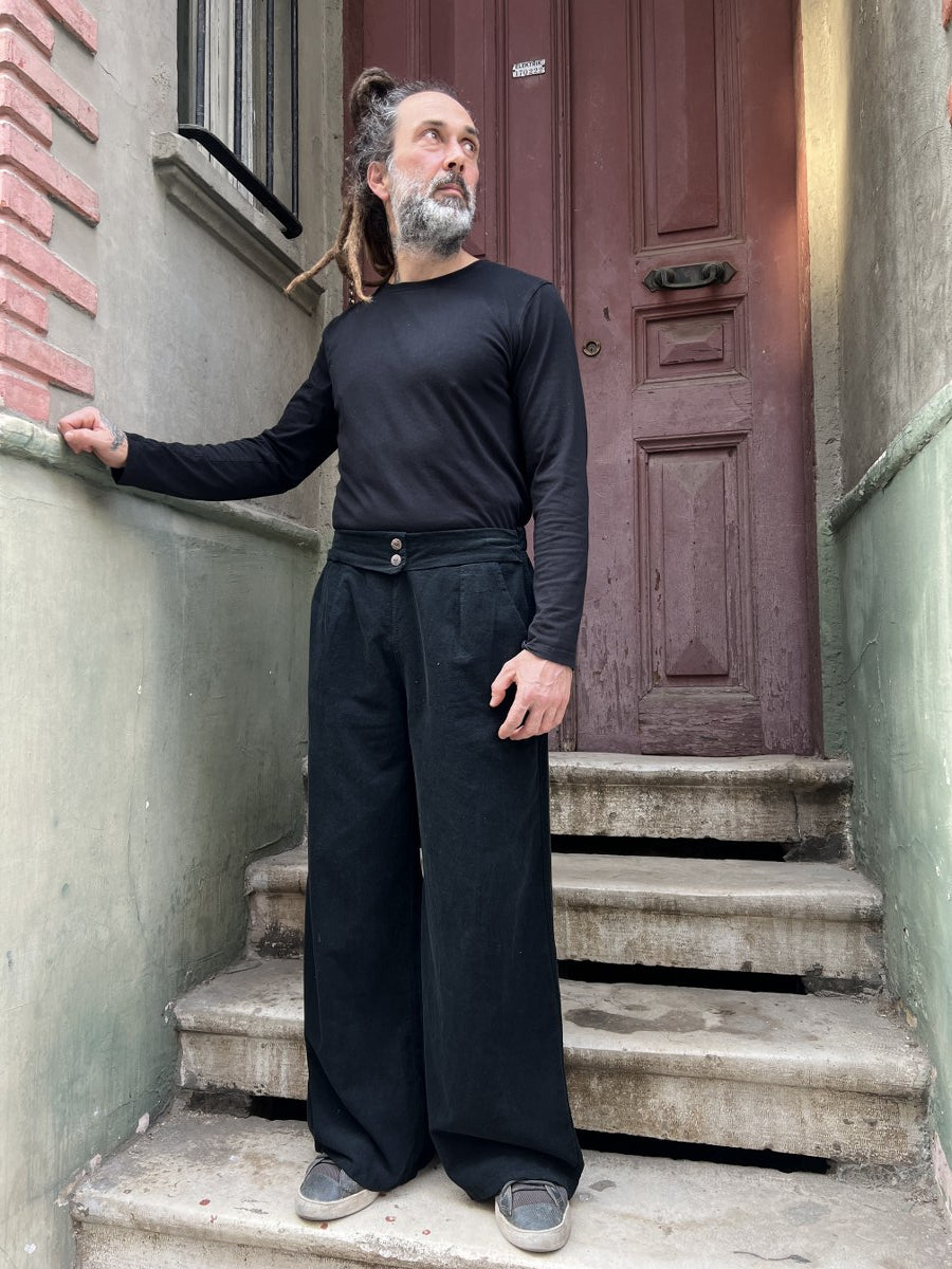 Erkek Kadife Bol Paça Pantolon Siyah