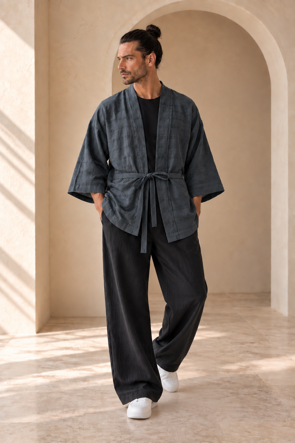 Ronin Antrasit Erkek Kimono – Dokulu Pamuklu Kumaş, Rahat Kesim