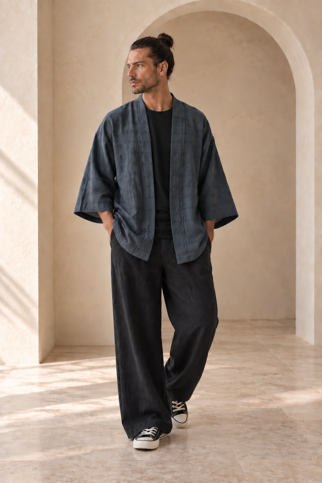 Ronin Antrasit Erkek Kimono – Dokulu Pamuklu Kumaş, Rahat Kesim