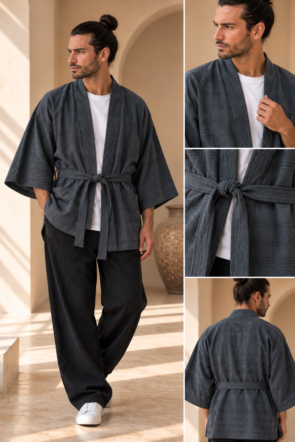 Ronin Antrasit Erkek Kimono – Dokulu Pamuklu Kumaş, Rahat Kesim