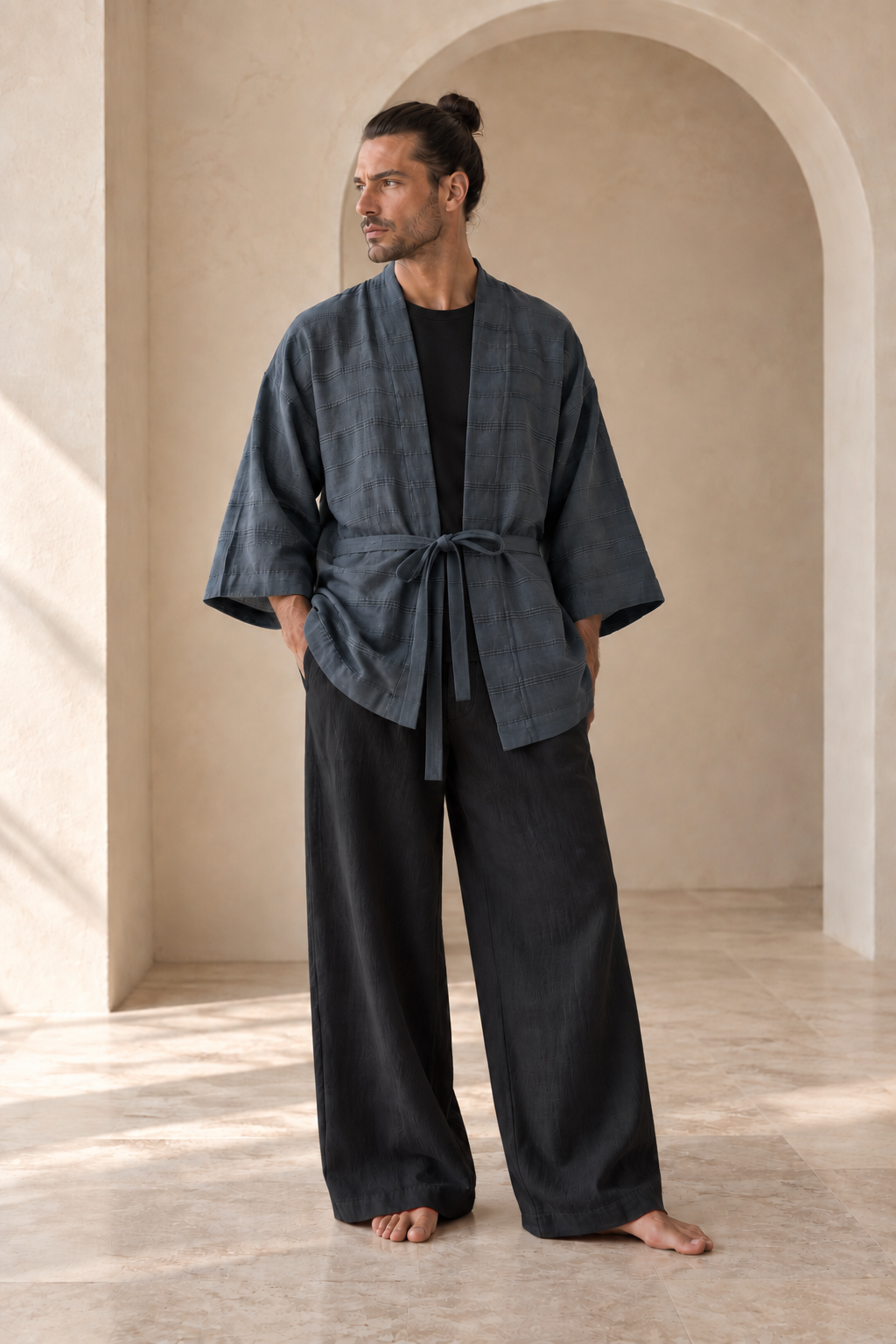 Ronin Antrasit Erkek Kimono – Dokulu Pamuklu Kumaş, Rahat Kesim