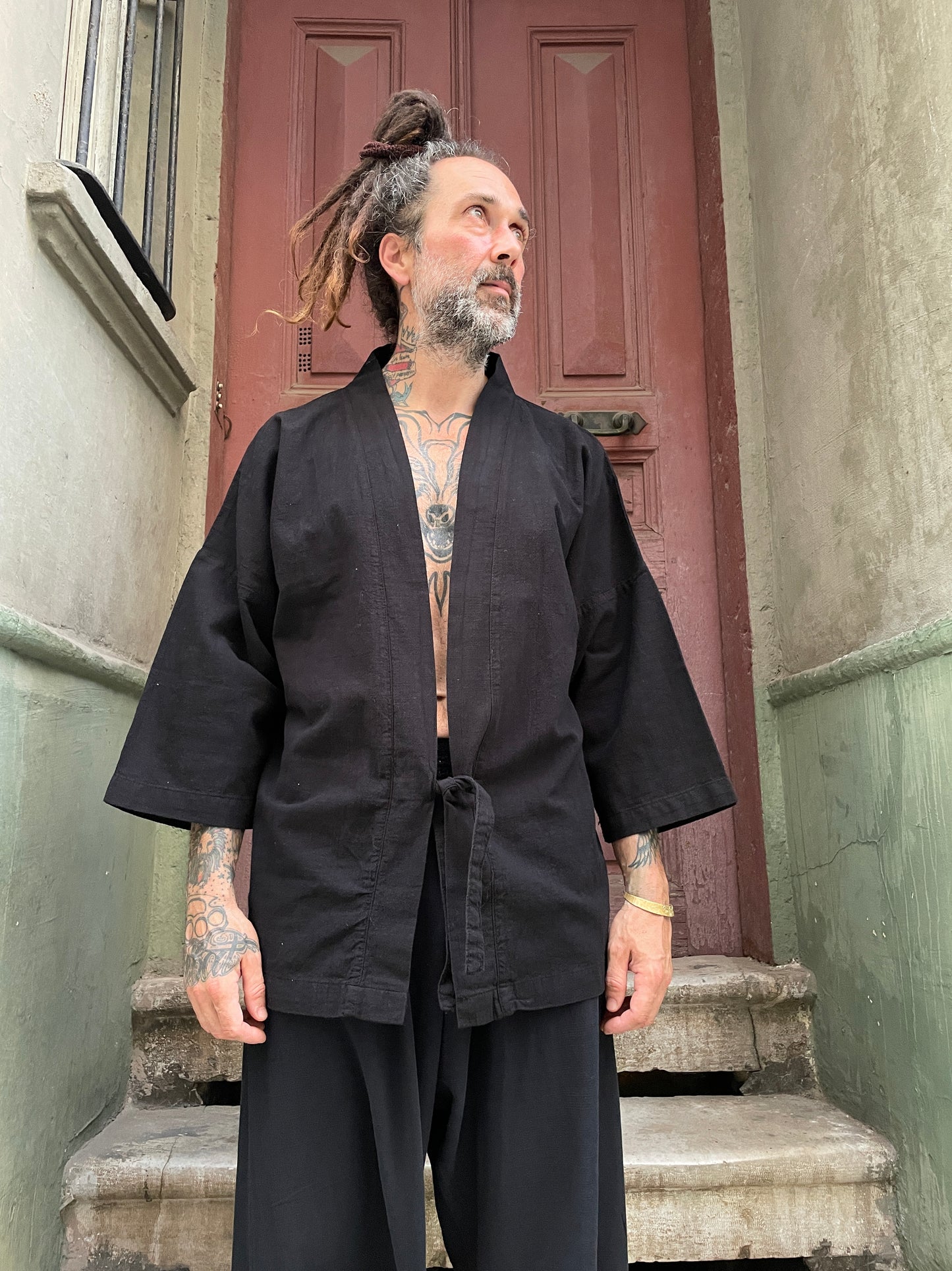 Bohem Dokuma Siyah Erkek Kimono Ceket