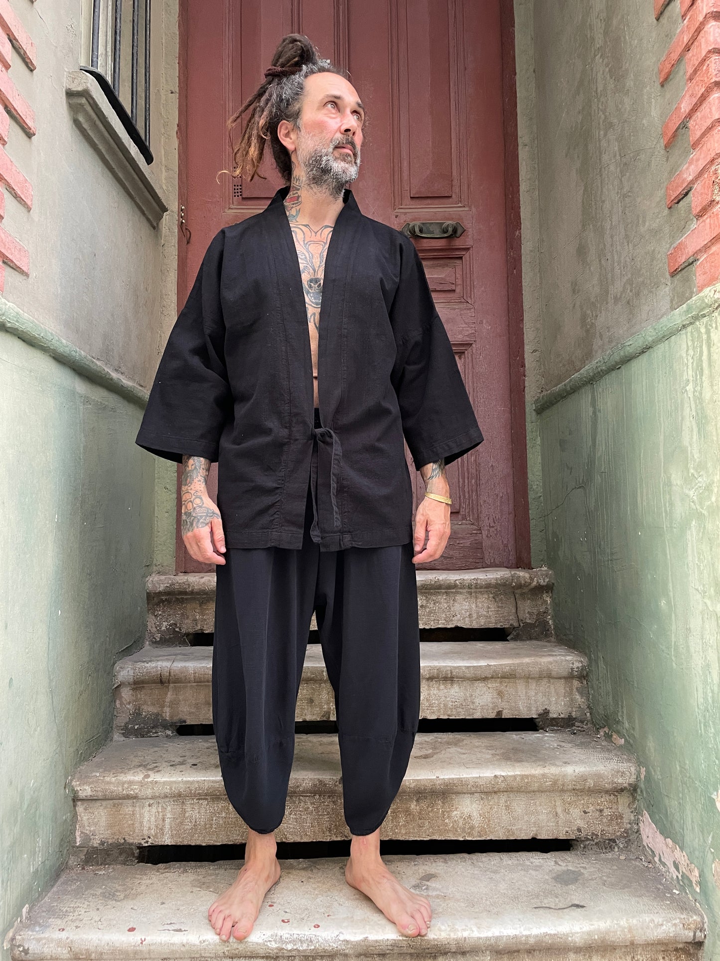 Bohem Dokuma Siyah Erkek Kimono Ceket