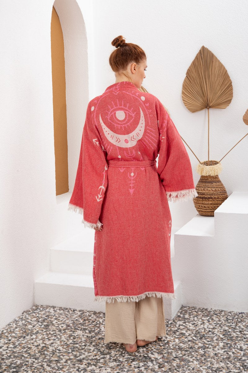 Soft Kırmızı Bohem Kadın Göz Desenli Doğal Kumaş Kimono Bornoz Kaftan