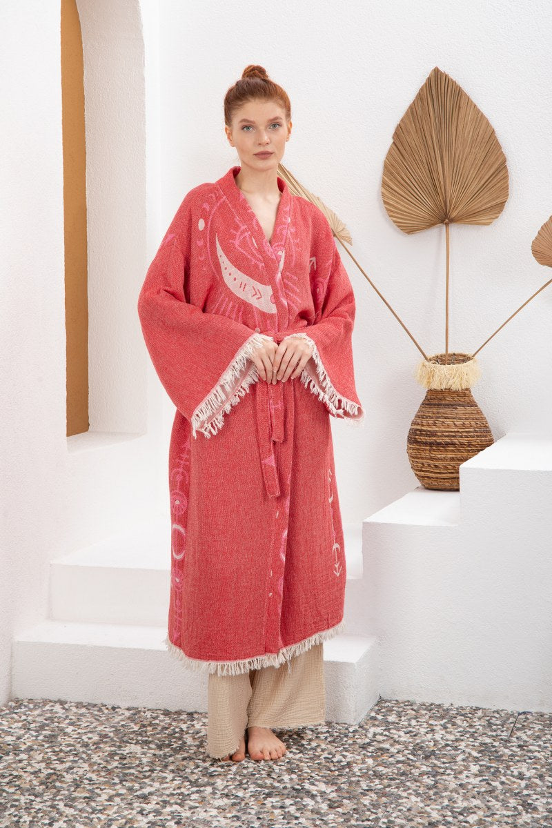 Soft Kırmızı Bohem Kadın Göz Desenli Doğal Kumaş Kimono Bornoz Kaftan