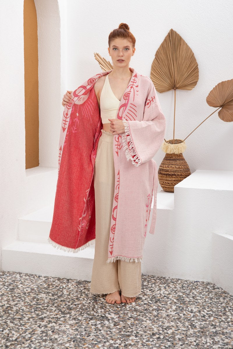 Soft Pembe Bohem Kadın Göz Desenli Doğal Kumaş Kimono Bornoz Kaftan
