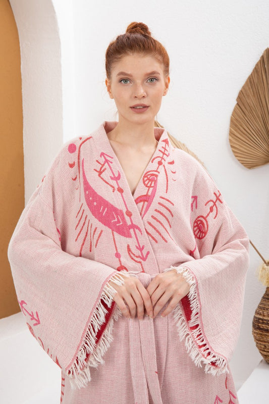 Soft Pembe Bohem Kadın Göz Desenli Doğal Kumaş Kimono Bornoz Kaftan