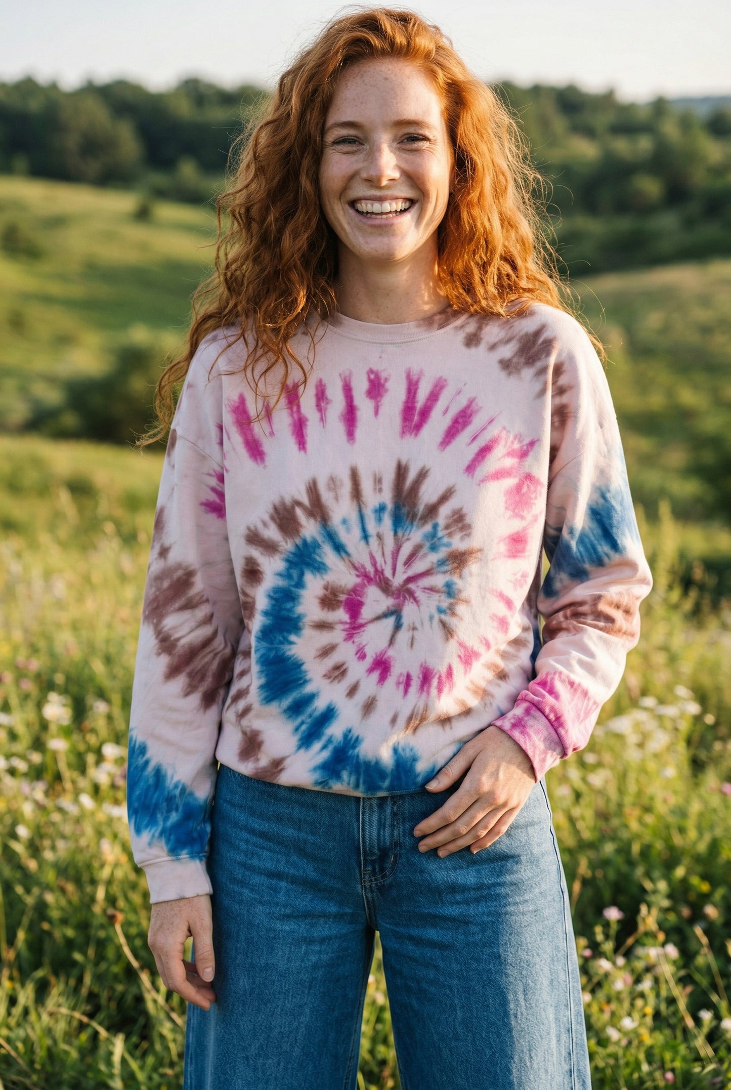 Batik Desenli Oversize Kadın Sweatshirt – %100 Pamuk, Pembe Mavi Spiral