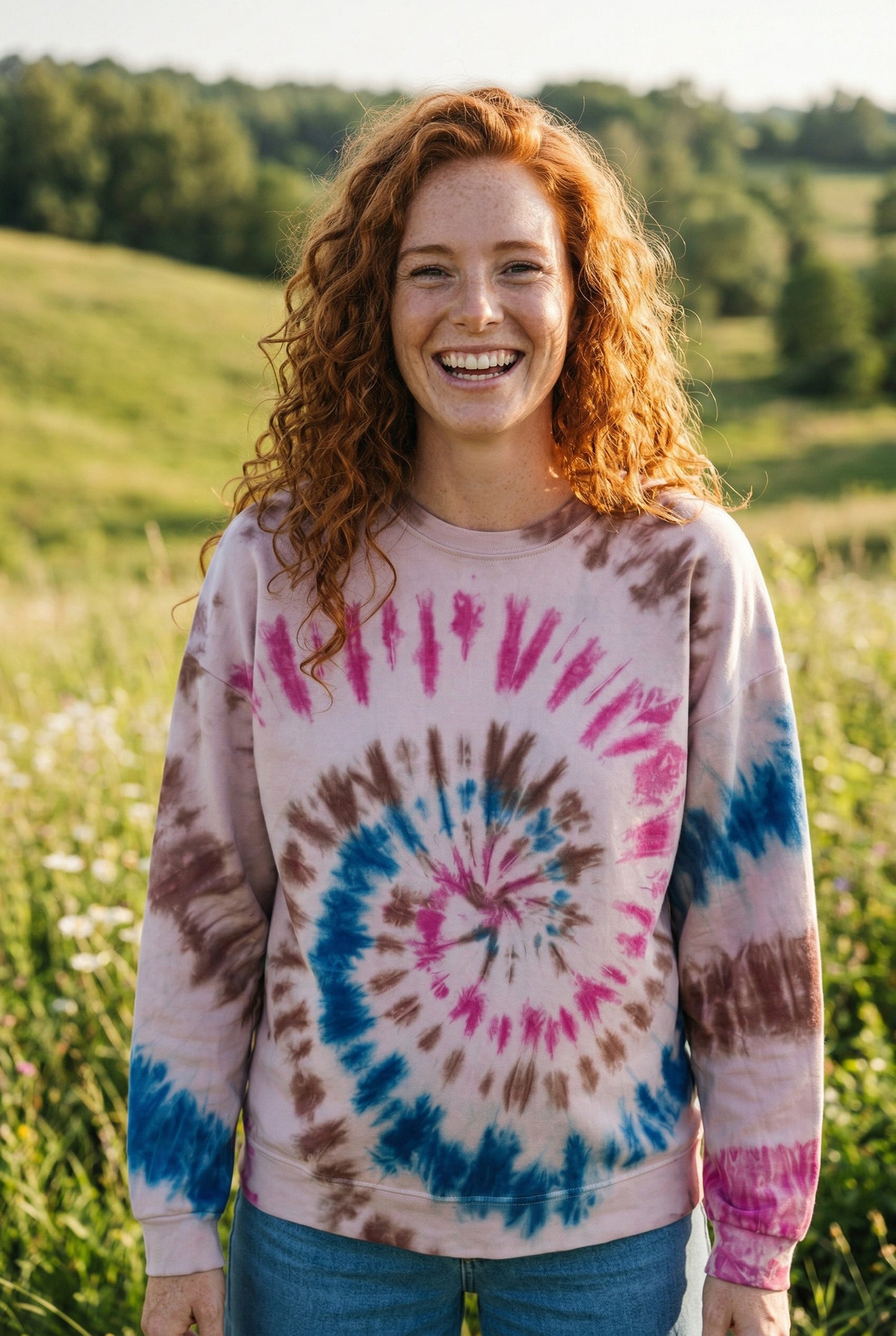 Batik Desenli Oversize Kadın Sweatshirt – %100 Pamuk, Pembe Mavi Spiral