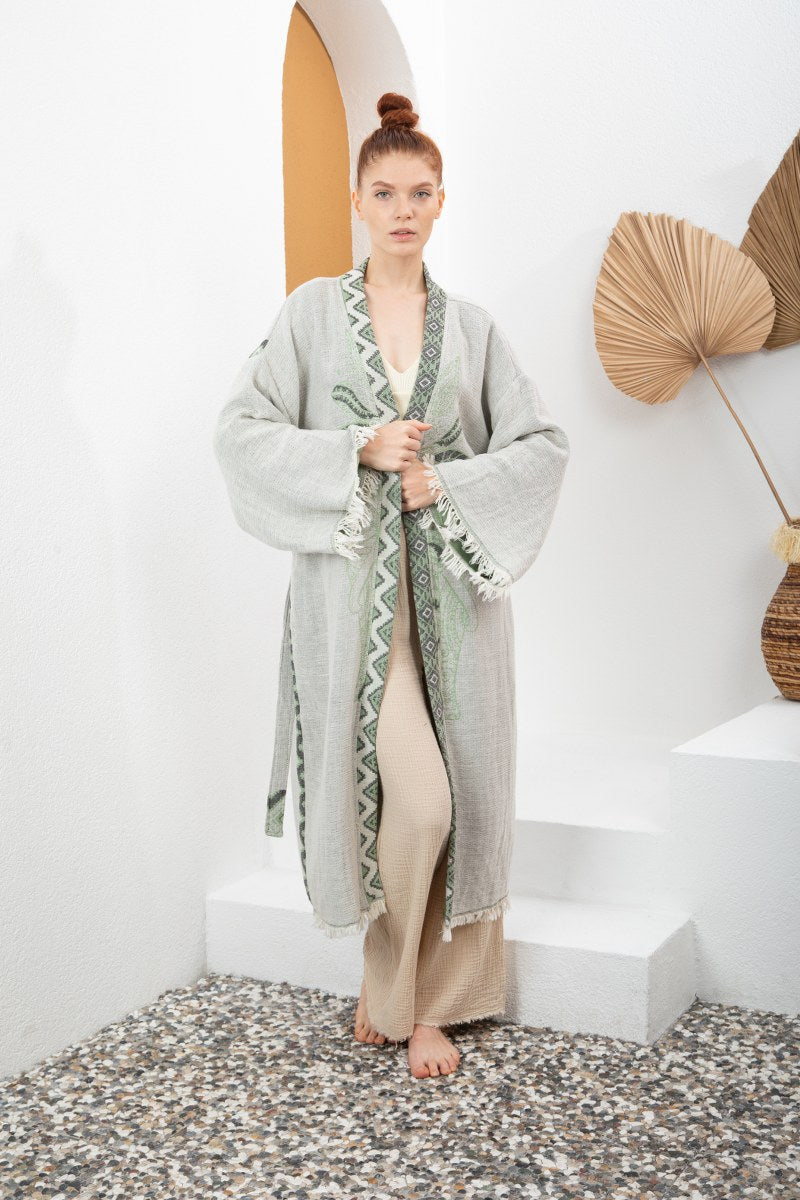 Su Yeşili Bohem Kadın Fil Desenli Doğal Kumaş Kimono Bornoz Kaftan