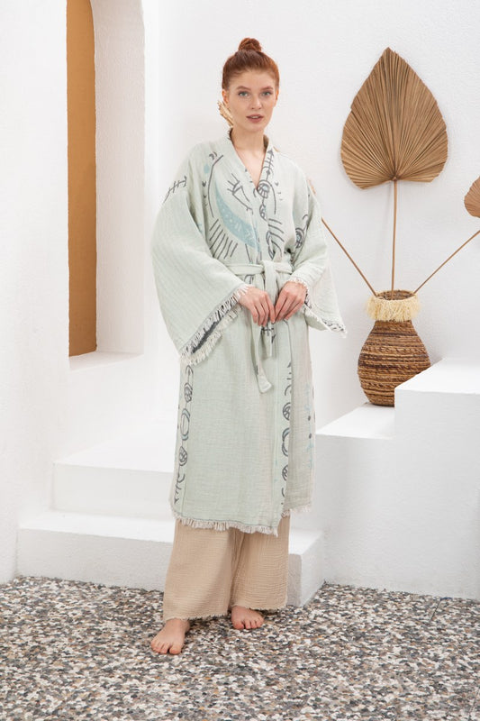 Su Yeşili Bohem Kadın Göz Desenli Doğal Kumaş Kimono Bornoz Kaftan
