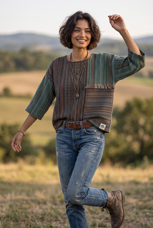 Mavera Patchwork Dokuma Kadın Bluz – Petrol Yeşili & Antrasit | Sürdürülebilir %100 Pamuk