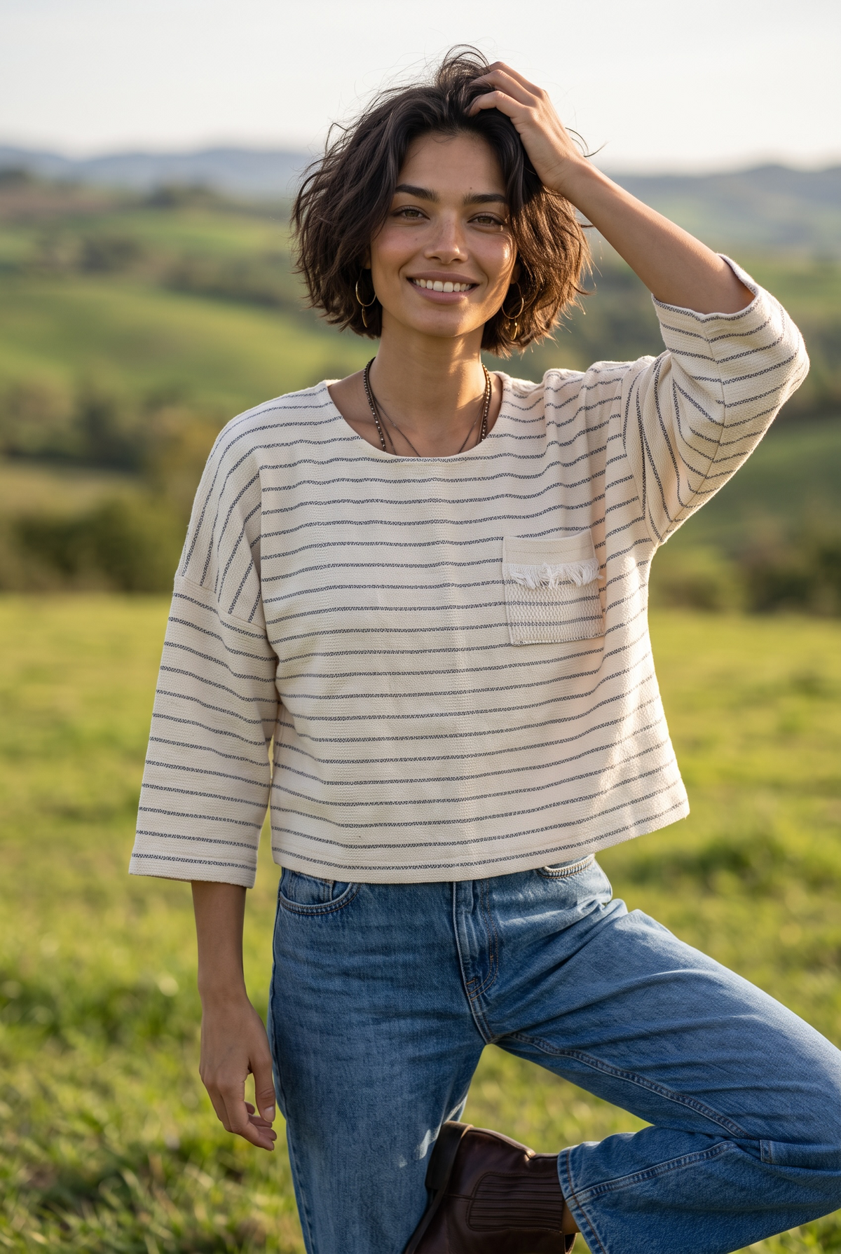 Alba Çizgili Oversize Kadın Bluz – Ekru | Sürdürülebilir %100 Pamuk