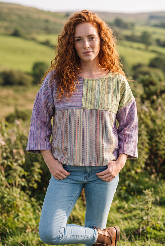 Elara Patchwork Dokuma Kadın Bluz – Lila & Mint | Sürdürülebilir %100 Pamuk