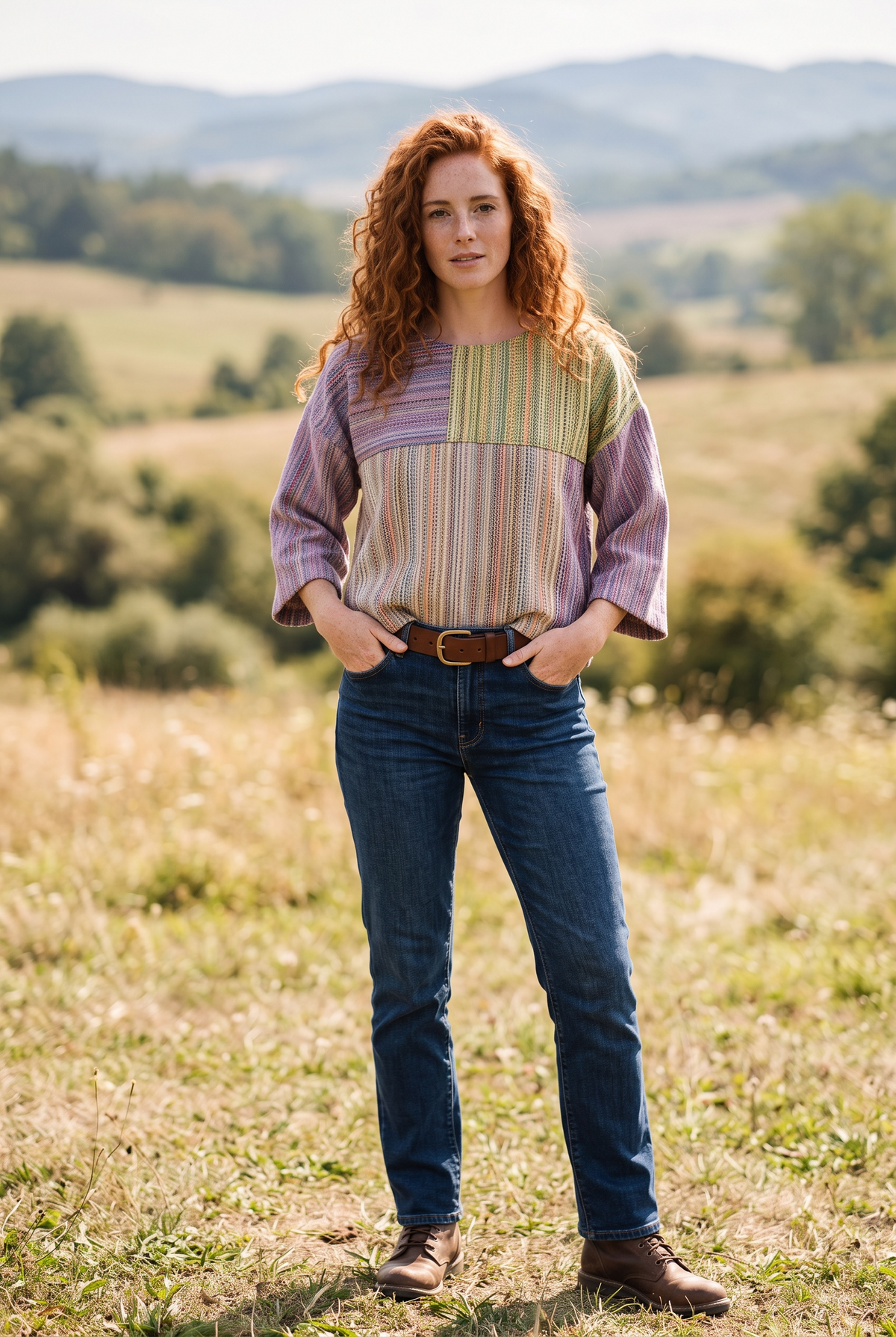 Elara Patchwork Dokuma Kadın Bluz – Lila & Mint | Sürdürülebilir %100 Pamuk