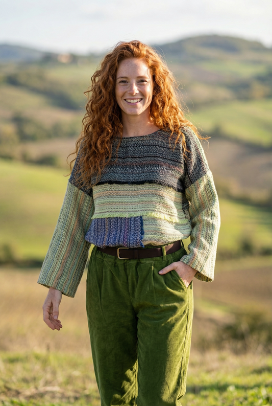 Patchwork Dokuma Kadın Bluz – Tek Üretim, %100 Pamuk, Sürdürülebilir Tasarım