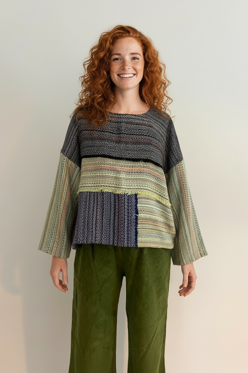 Patchwork Dokuma Kadın Bluz – Tek Üretim, %100 Pamuk, Sürdürülebilir Tasarım