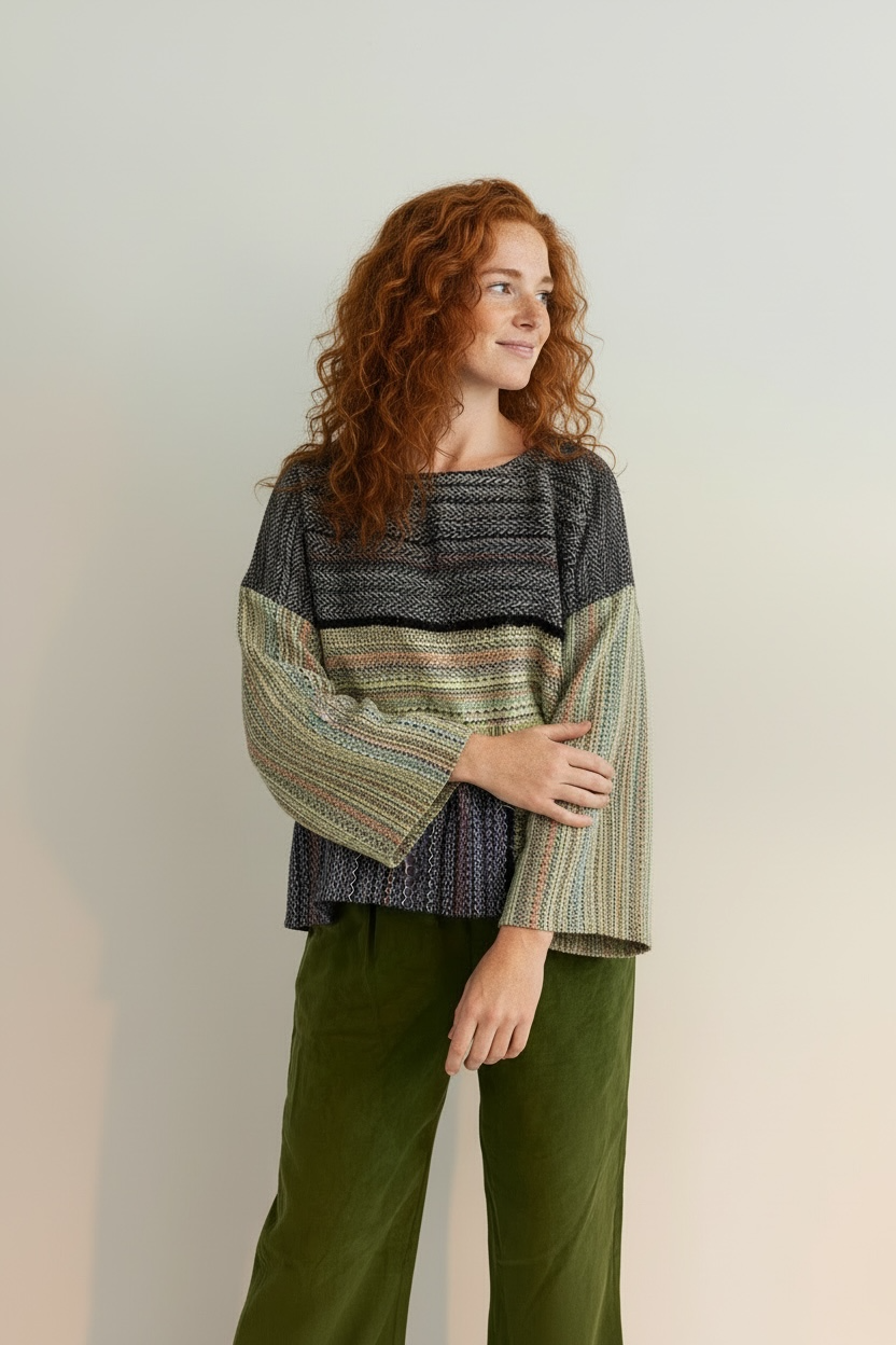 Patchwork Dokuma Kadın Bluz – Tek Üretim, %100 Pamuk, Sürdürülebilir Tasarım