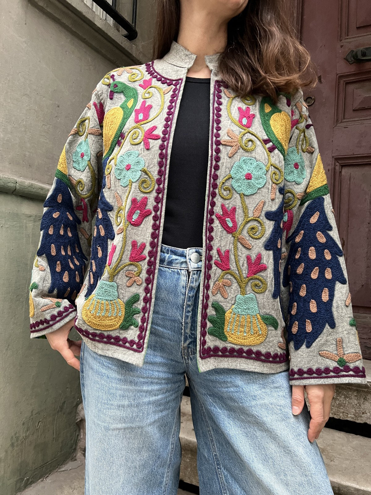 Suzani İşlemeli El Yapımı Bohem Kadın Ceket Mont – %100 Pamuk | Hindistan Üretimi