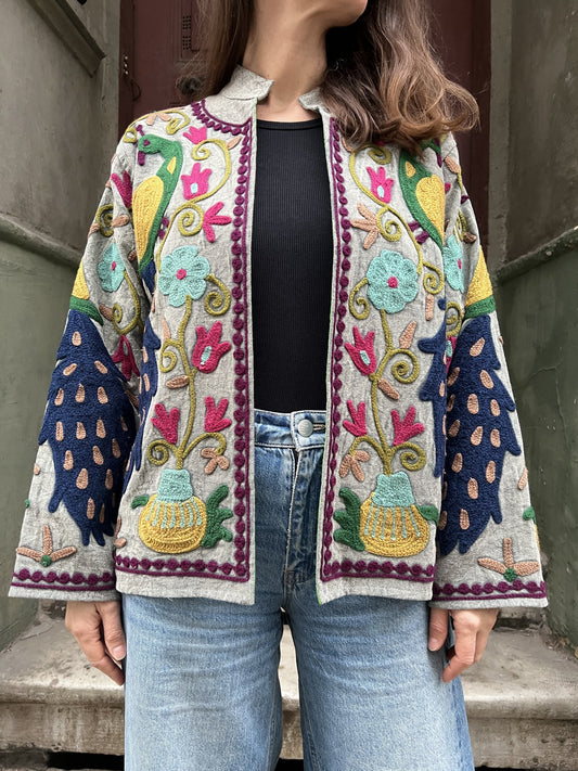 Suzani İşlemeli El Yapımı Bohem Kadın Ceket Mont – %100 Pamuk | Hindistan Üretimi