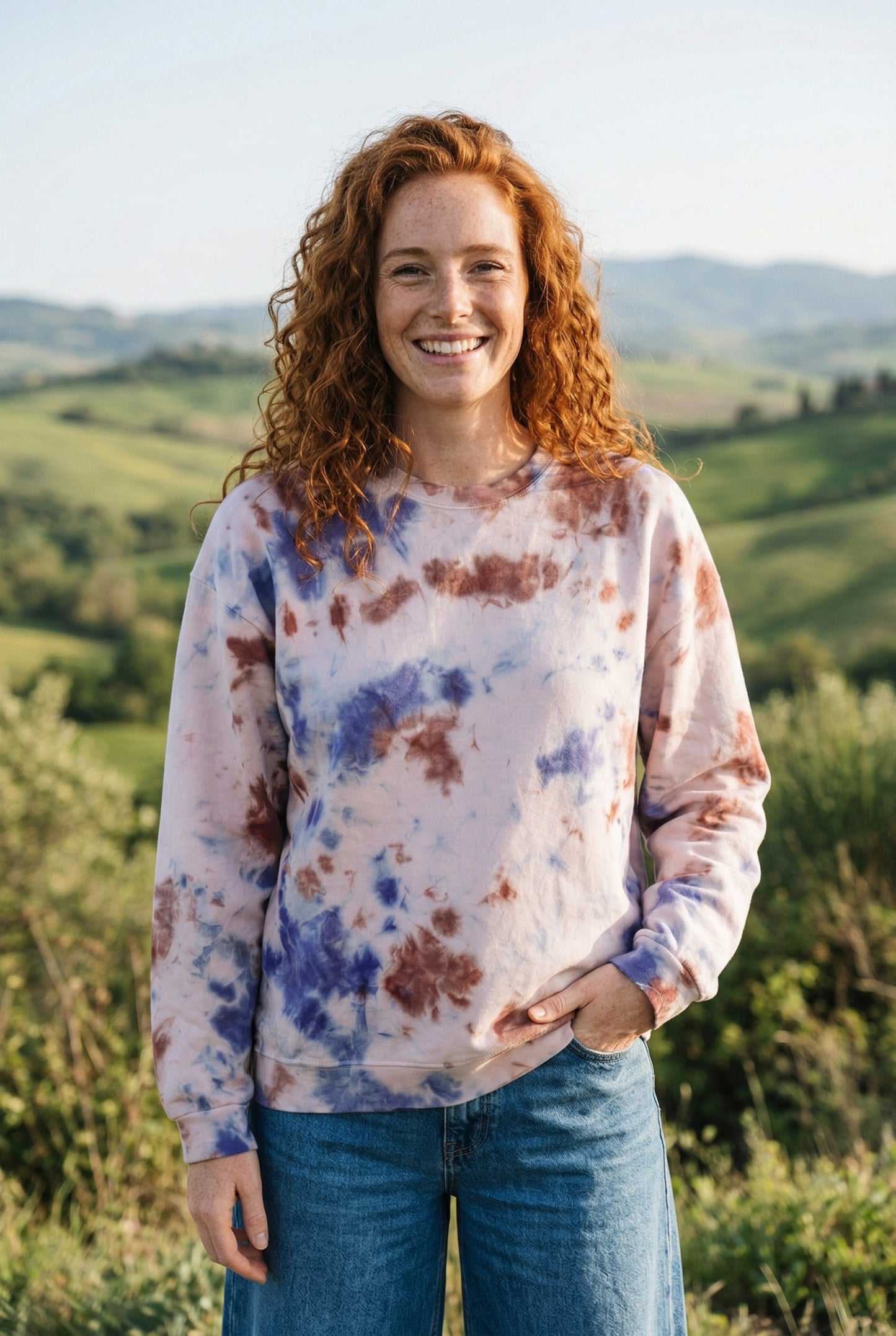 Batik Desenli Oversize Kadın Sweatshirt – %100 Pamuk, Mavi Kahve