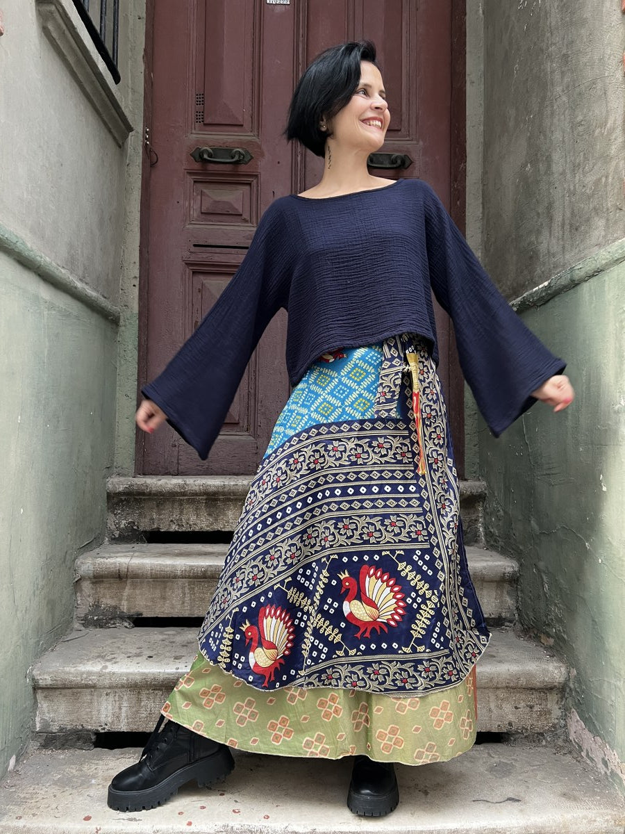 Çift Taraflı Nepal Bohem İpek Etek – Kuş Desenli