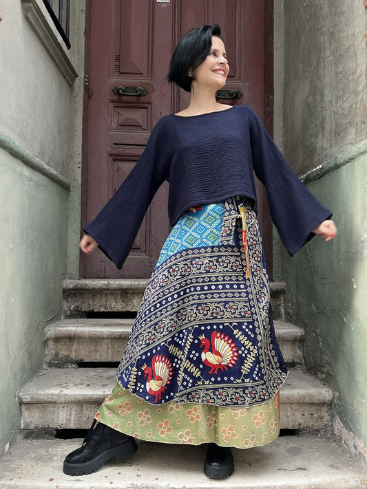 Çift Taraflı Nepal Bohem İpek Etek – Kuş Desenli