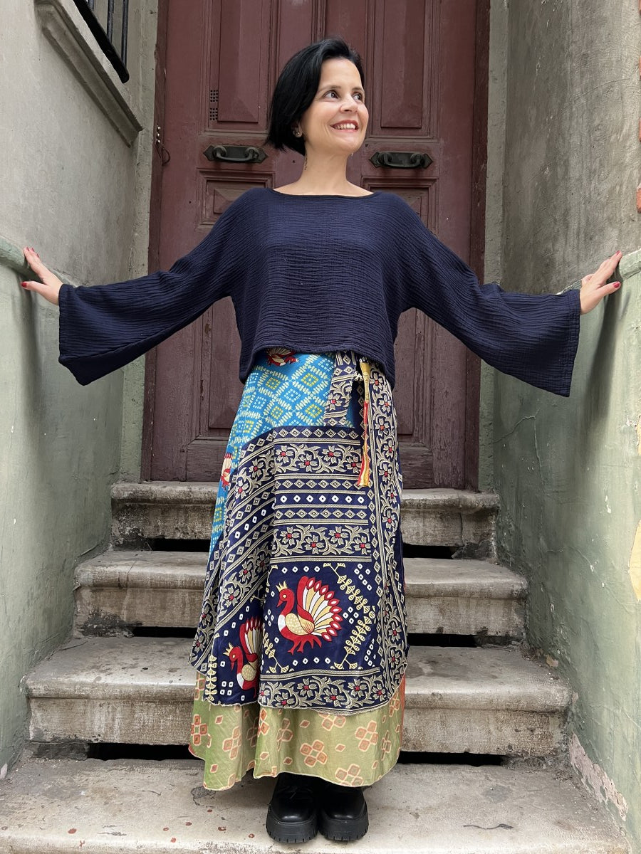 Çift Taraflı Nepal Bohem İpek Etek – Kuş Desenli