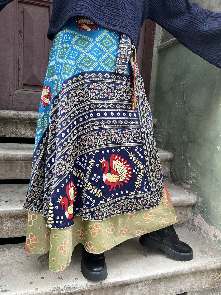 Çift Taraflı Nepal Bohem İpek Etek – Kuş Desenli