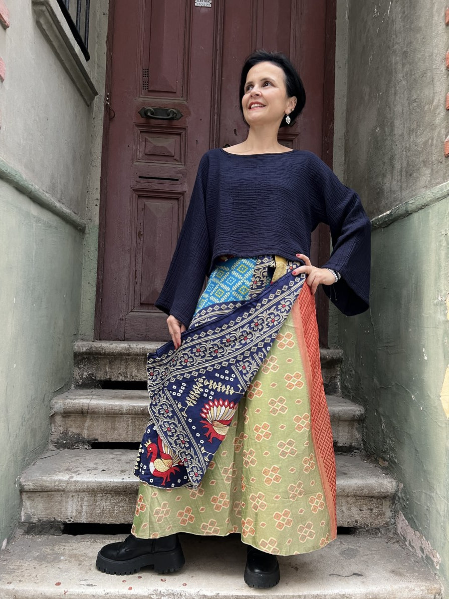 Çift Taraflı Nepal Bohem İpek Etek – Kuş Desenli