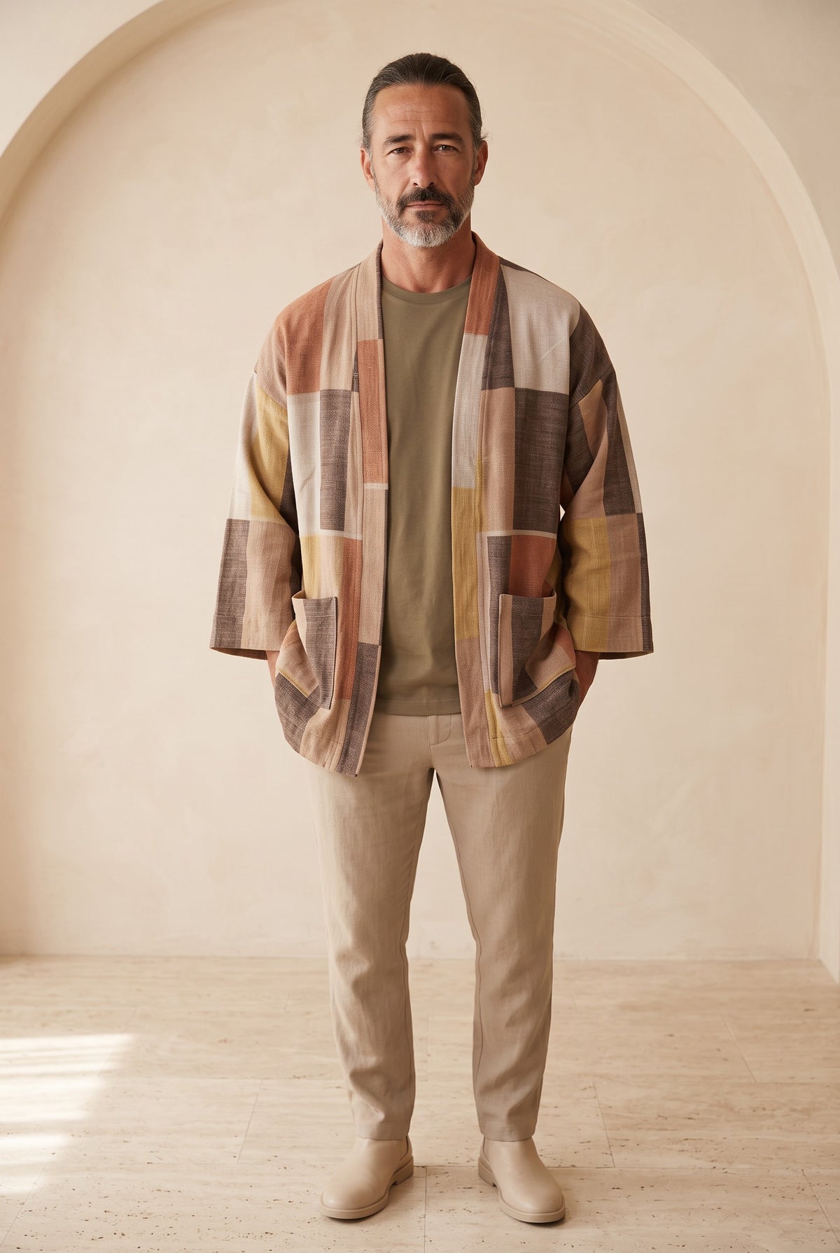 Terra Desenli Erkek Kimono – Dokulu Pamuklu Kumaş, Rahat Kesim