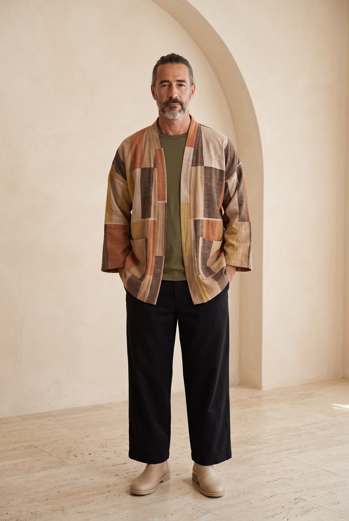 Terra Desenli Erkek Kimono – Dokulu Pamuklu Kumaş, Rahat Kesim