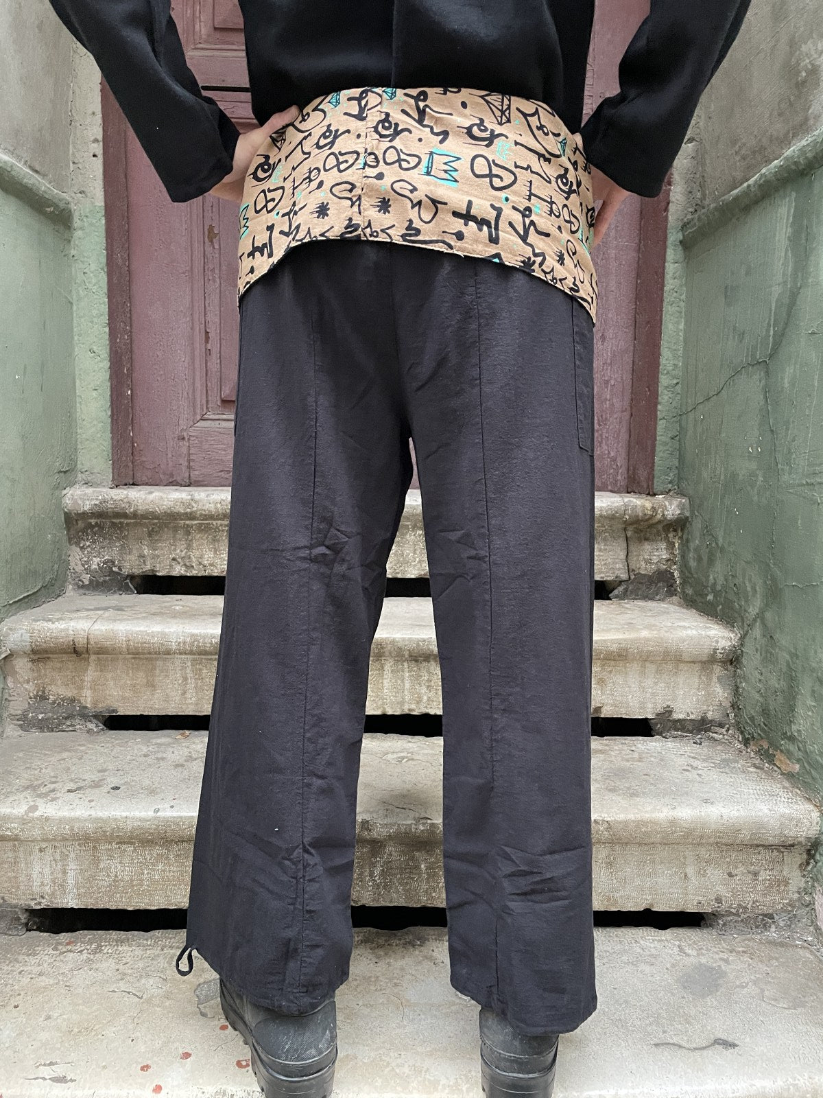 Unisex Etnik Desen Siyah Thai Balıkçı Pantolon