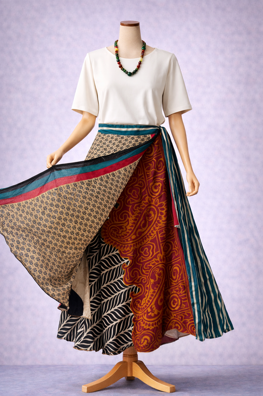 Çift Taraflı Bağlamalı İpek Etek – Bordo Yeşil (Nepal)