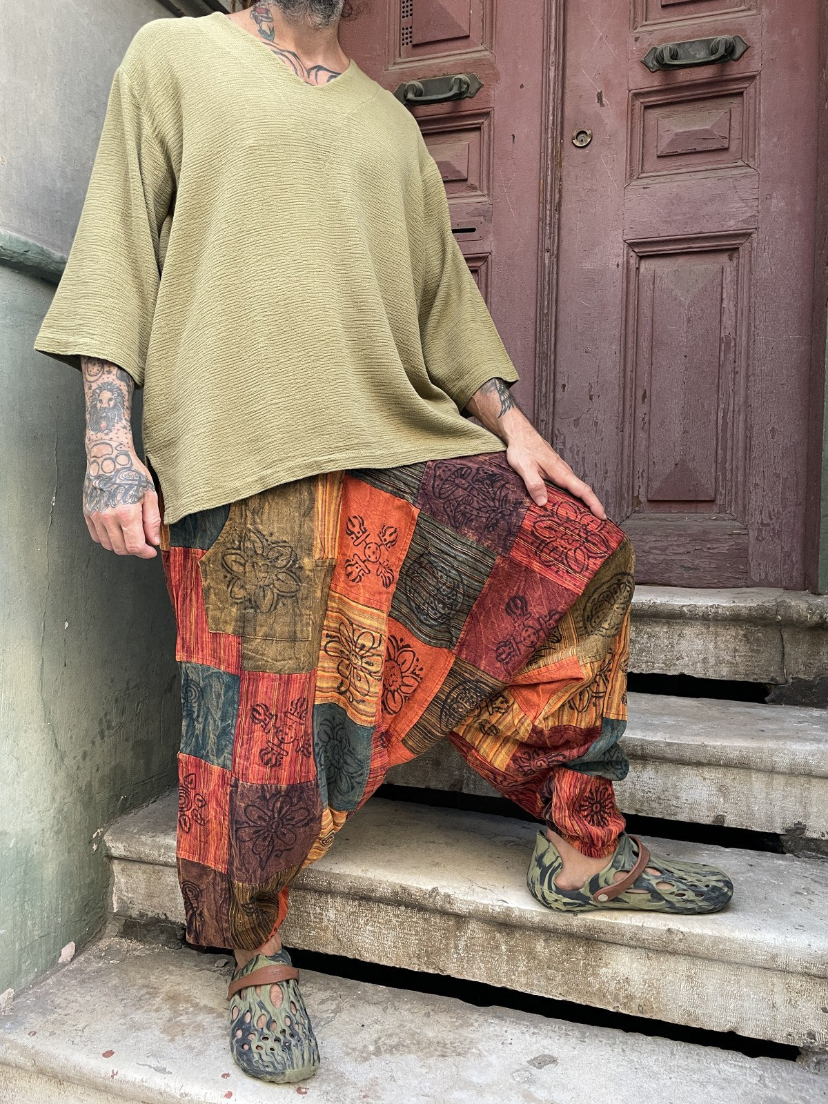 Unisex Nepal Patchwork Toprak Kiremit Şalvar Pantolon