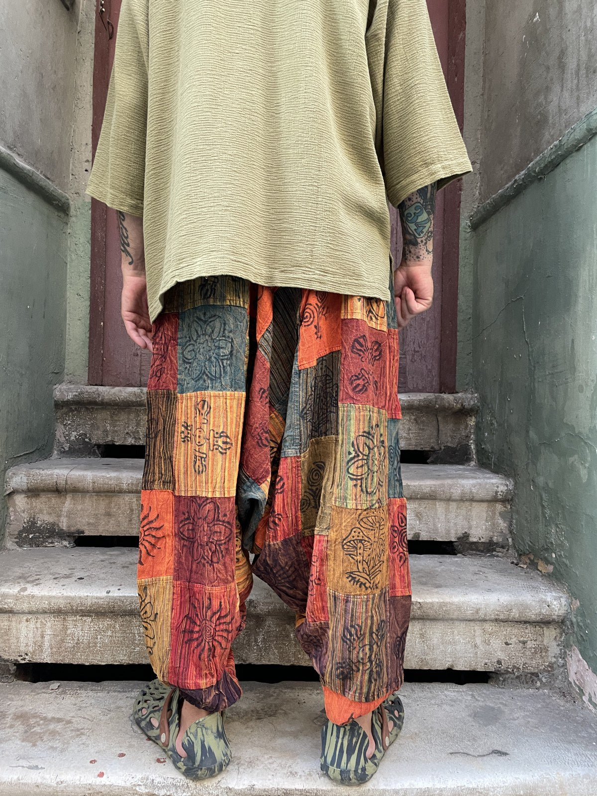 Unisex Nepal Patchwork Toprak Kiremit Şalvar Pantolon