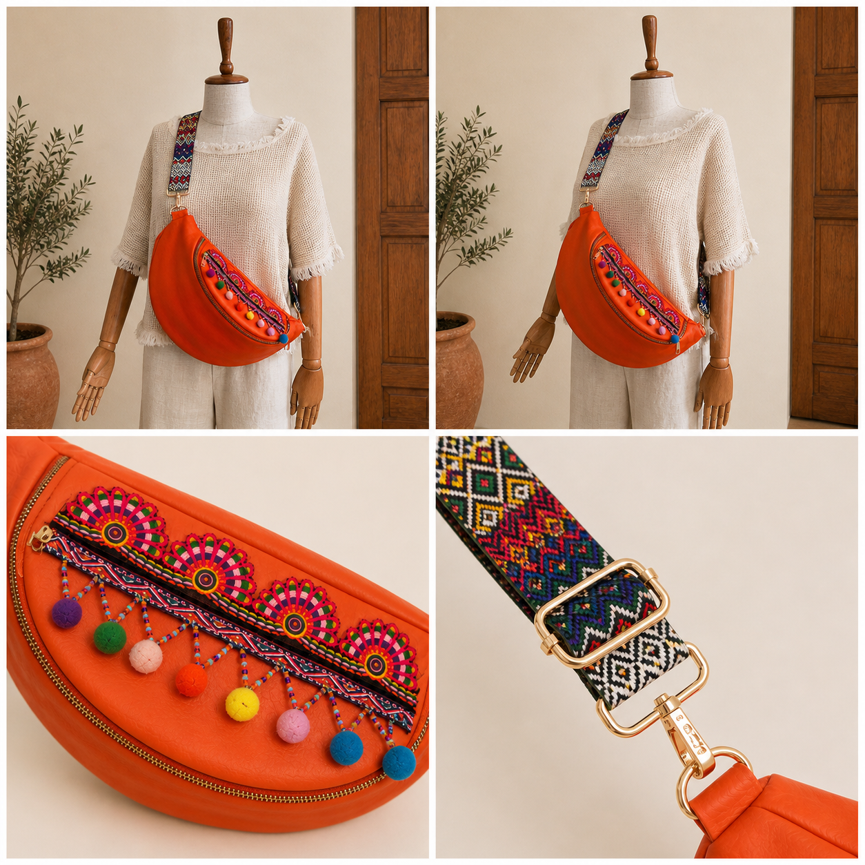Tasarım Vegan Deri Turuncu Bel Çantası – El İşlemeli, Renkli Askılı, Ayarlanabilir Crossbody Çanta
