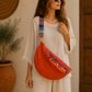 Tasarım Vegan Deri Turuncu Bel Çantası – El İşlemeli, Renkli Askılı, Ayarlanabilir Crossbody Çanta