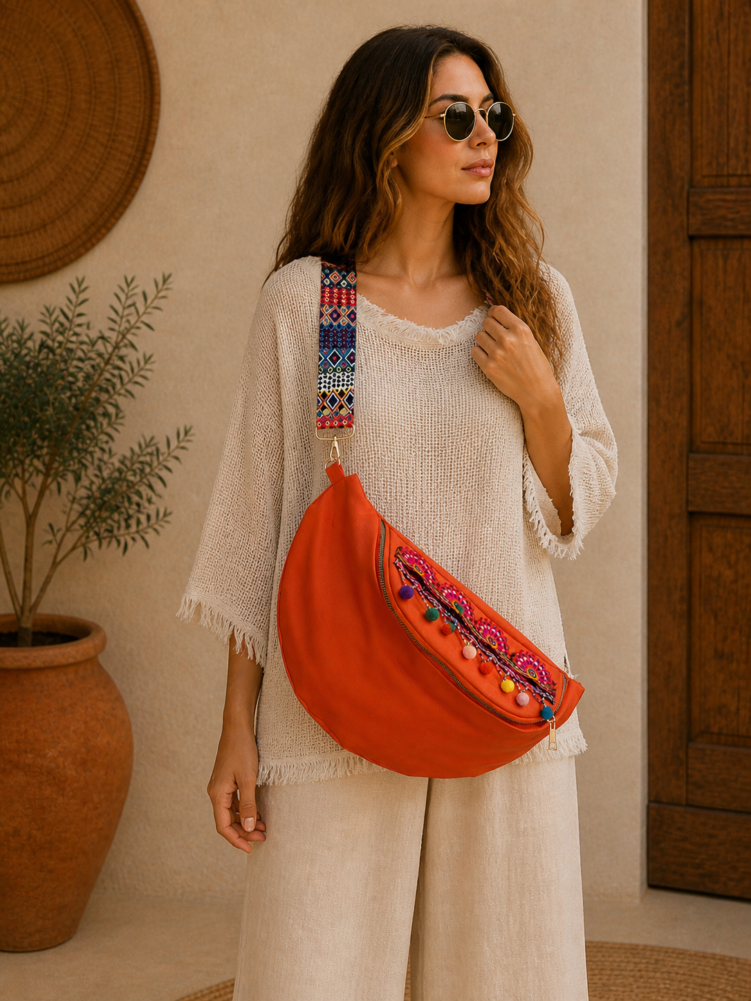 Tasarım Vegan Deri Turuncu Bel Çantası – El İşlemeli, Renkli Askılı, Ayarlanabilir Crossbody Çanta