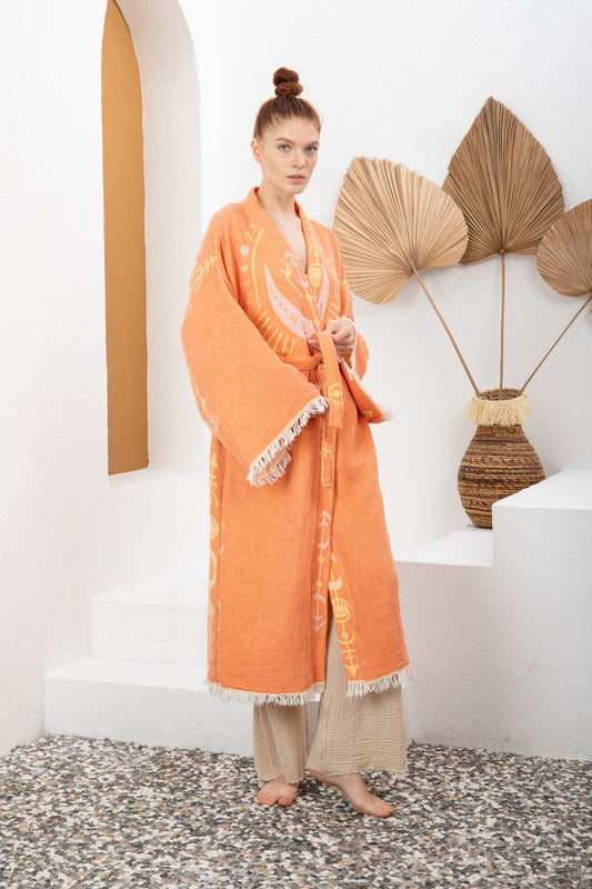 Turuncu Bohem Kadın Fil Desenli Doğal Kumaş Kimono Bornoz Kaftan