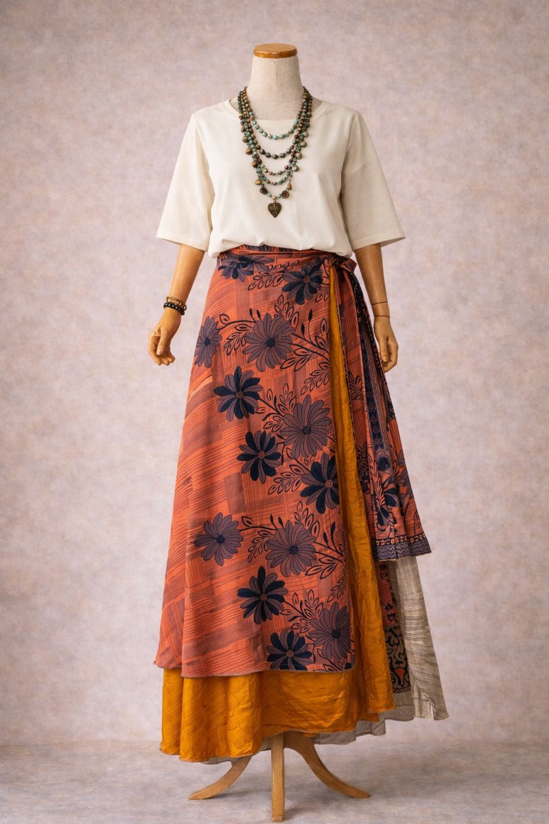 Turuncu Çiçekli– Çift Taraflı İpek Etek