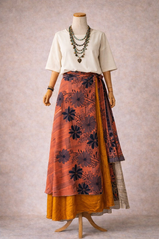 Turuncu Çiçekli– Çift Taraflı İpek Etek