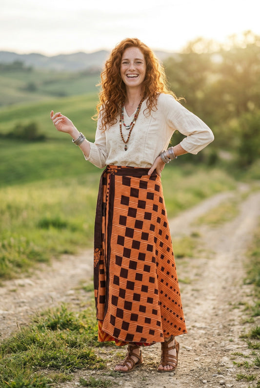 Çift Taraflı Bağlamalı İpek Etek – Turuncu Desenli (Nepal)