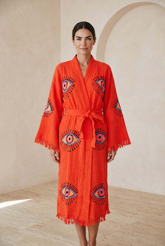 Göz Desenli Müslin Kimono Kaftan – Turuncu