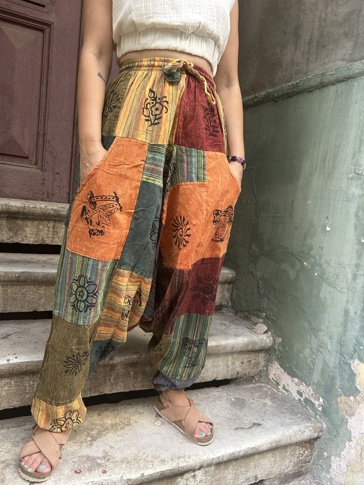 Unisex Nepal Patchwork Turuncu Mantar Kadın Pantolon Şalvar