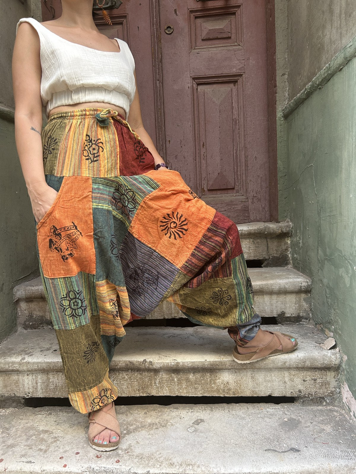 Unisex Nepal Patchwork Turuncu Mantar Kadın Pantolon Şalvar