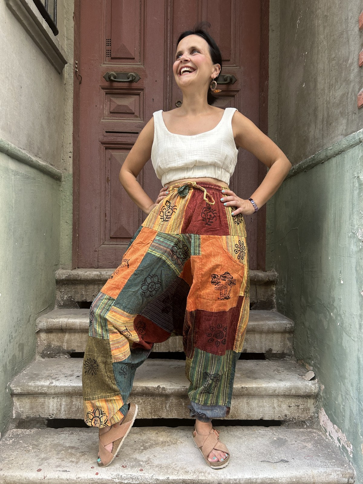 Unisex Nepal Patchwork Turuncu Mantar Kadın Pantolon Şalvar