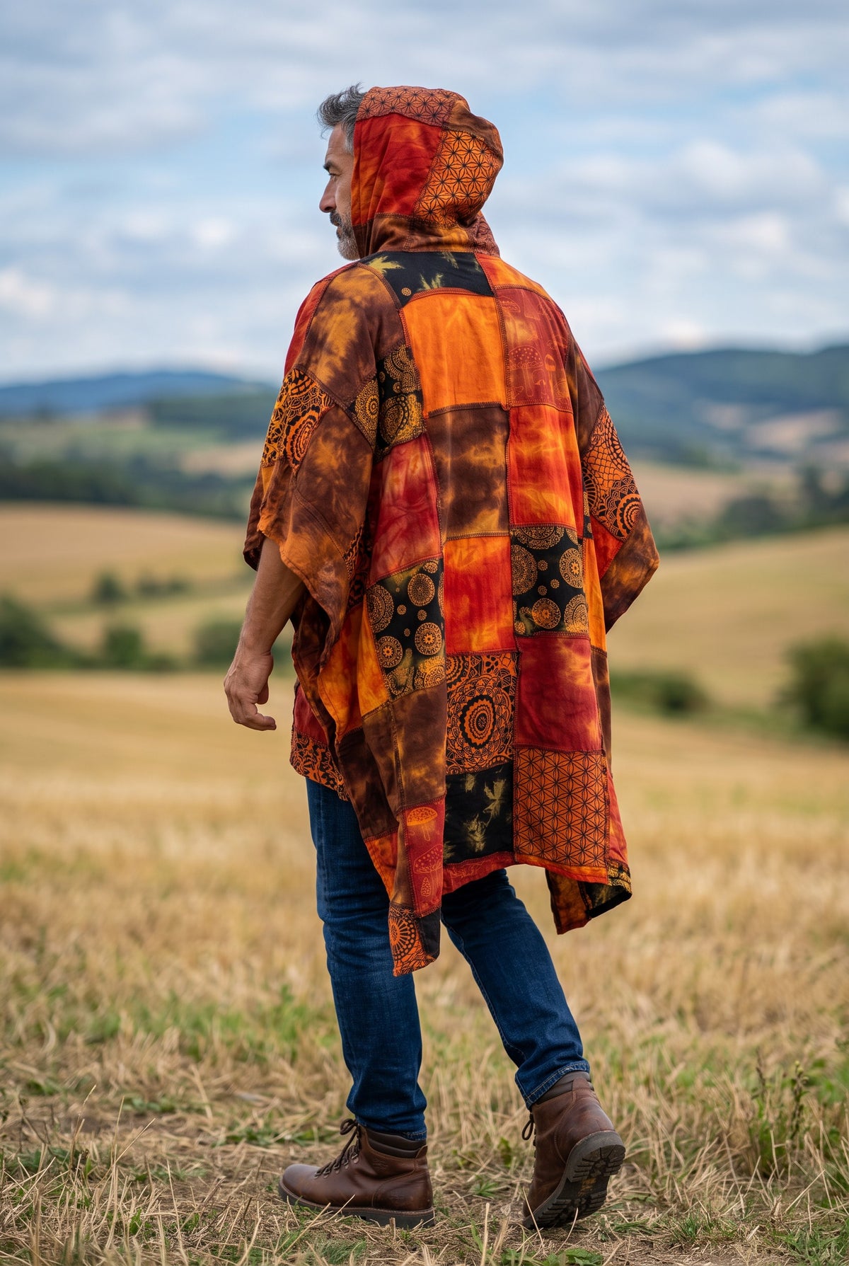 Manaslu Nepal Patchwork Kapüşonlu Panço – Unisex Turuncu Etnik Festival Tasarım